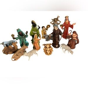 17Pc Italian Nativity Set Mary Joseph Jesus Kings Animals Resin Depose Holiday